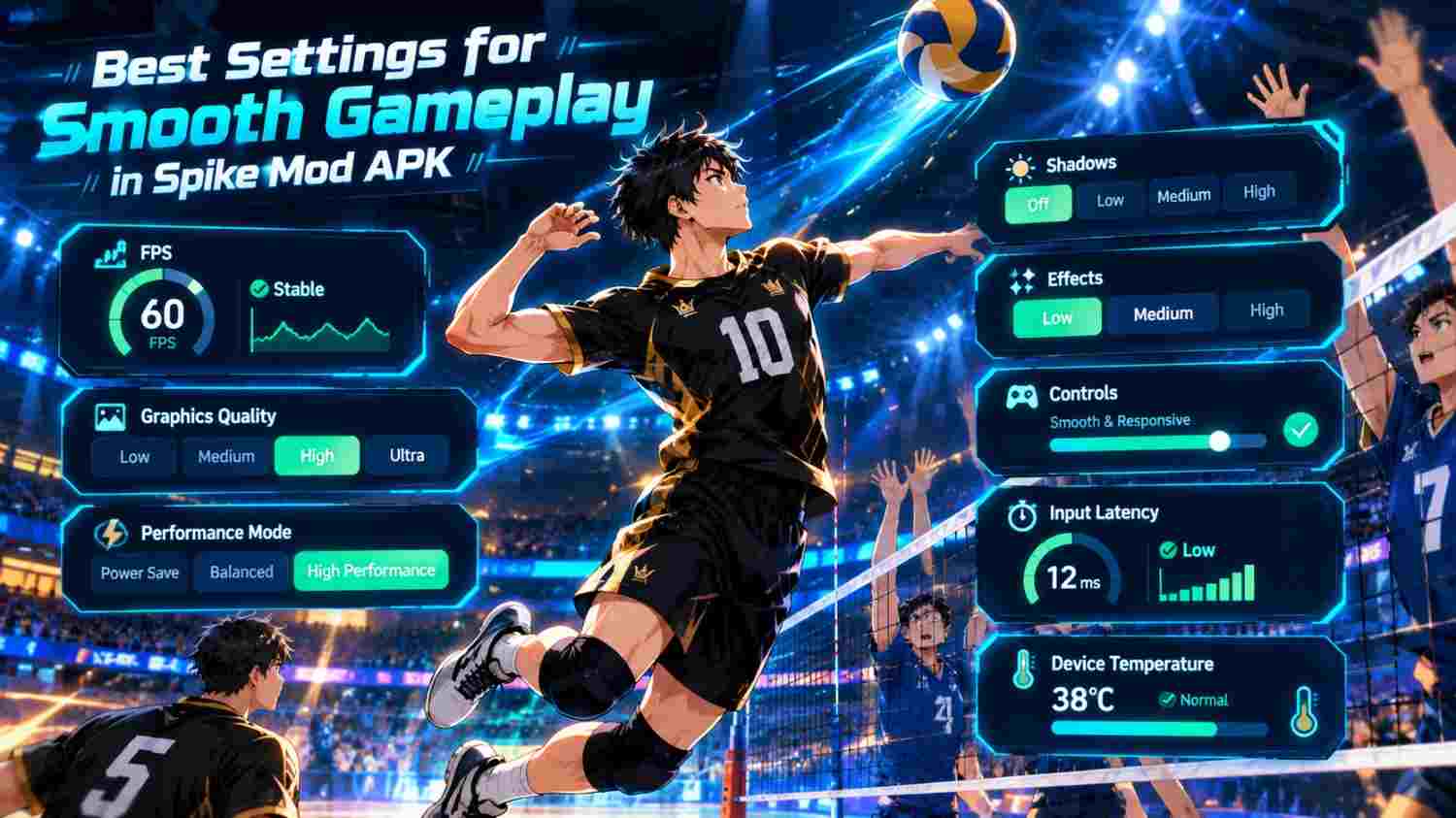 Best settings for smooth gameplay in Spike Mod APK including graphics quality, FPS, shadows, effects, controls, and performance options.