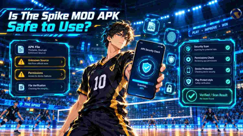 Is The Spike MOD APK safe to use with security risks, malware concerns, permissions, and safe APK download practices.