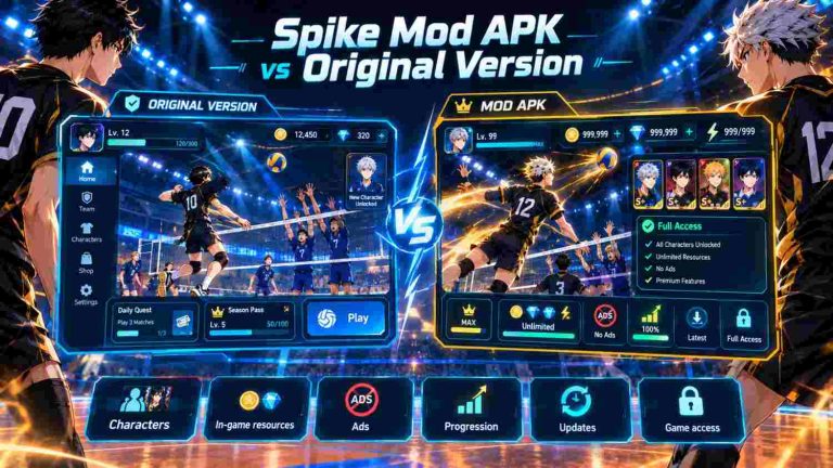 Spike Mod APK vs original version comparison showing differences in features, gameplay, updates, security, and in-game resources.