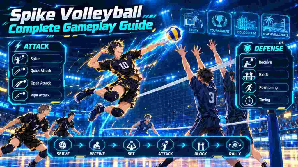 Spike Volleyball complete gameplay guide covering controls, serving, receiving, spiking, blocking, player movement, timing, and winning strategies.