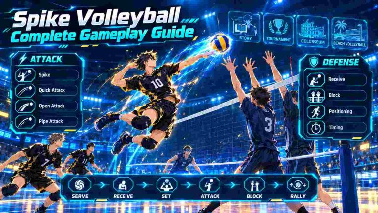 Spike Volleyball complete gameplay guide covering controls, serving, receiving, spiking, blocking, player movement, timing, and winning strategies.