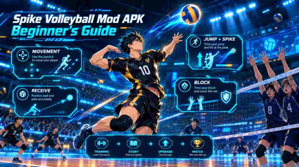 Spike Volleyball Mod APK beginner’s guide covering controls, volleyball basics, player movement, spiking, serving, blocking, and gameplay tips.