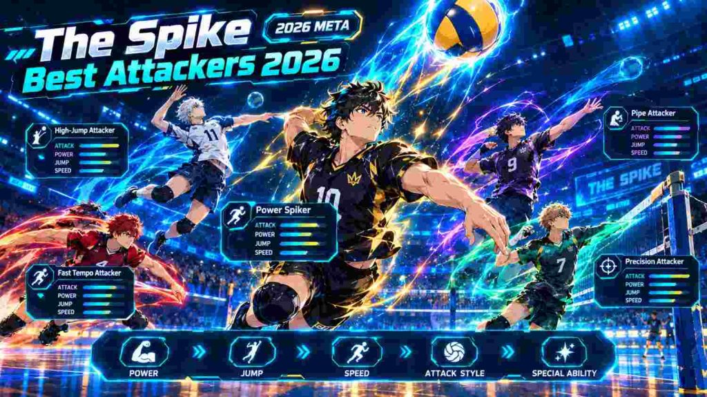 The Spike best attackers 2026 featuring top wing spikers, powerful spike abilities, attack stats, jumping, and scoring potential.