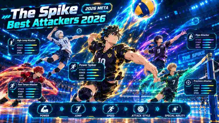 The Spike best attackers 2026 featuring top wing spikers, powerful spike abilities, attack stats, jumping, and scoring potential.