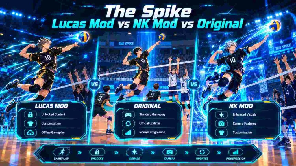 The Spike Lucas Mod vs NK Mod vs Original comparison showing differences in features, characters, graphics, gameplay, updates, and performance.