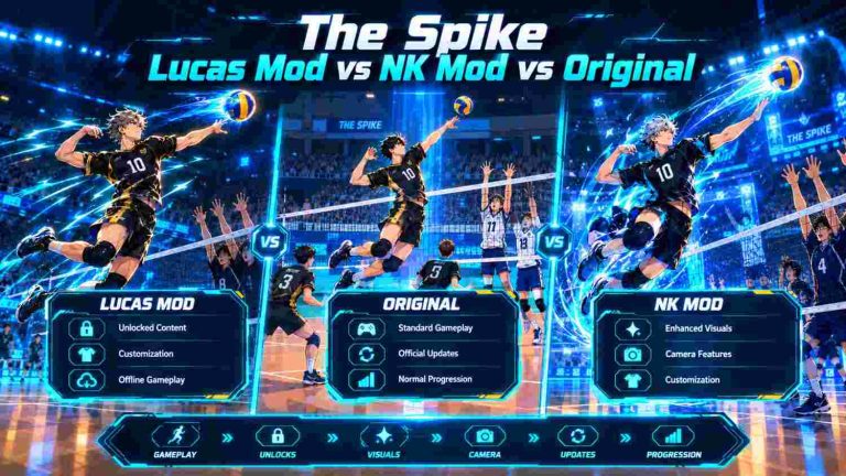 The Spike Lucas Mod vs NK Mod vs Original comparison showing differences in features, characters, graphics, gameplay, updates, and performance.