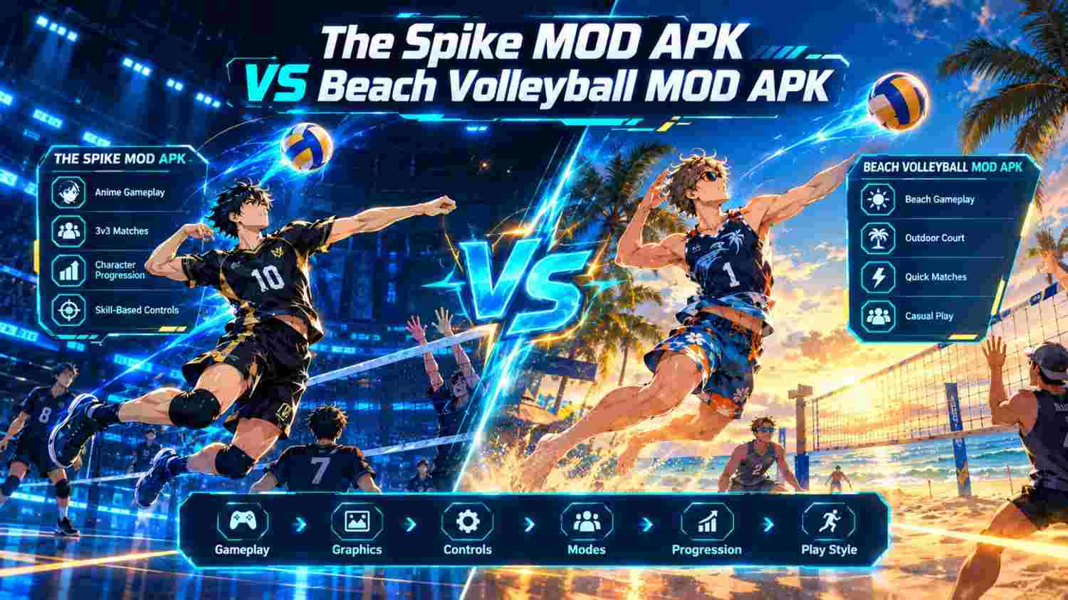 The Spike MOD APK vs Beach Volleyball MOD APK comparison showing gameplay, graphics, game modes, controls, characters, and volleyball features.