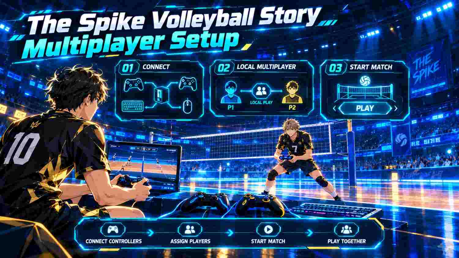 The Spike Volleyball Story multiplayer setup showing controller connection, local multiplayer controls, match configuration, and player setup.