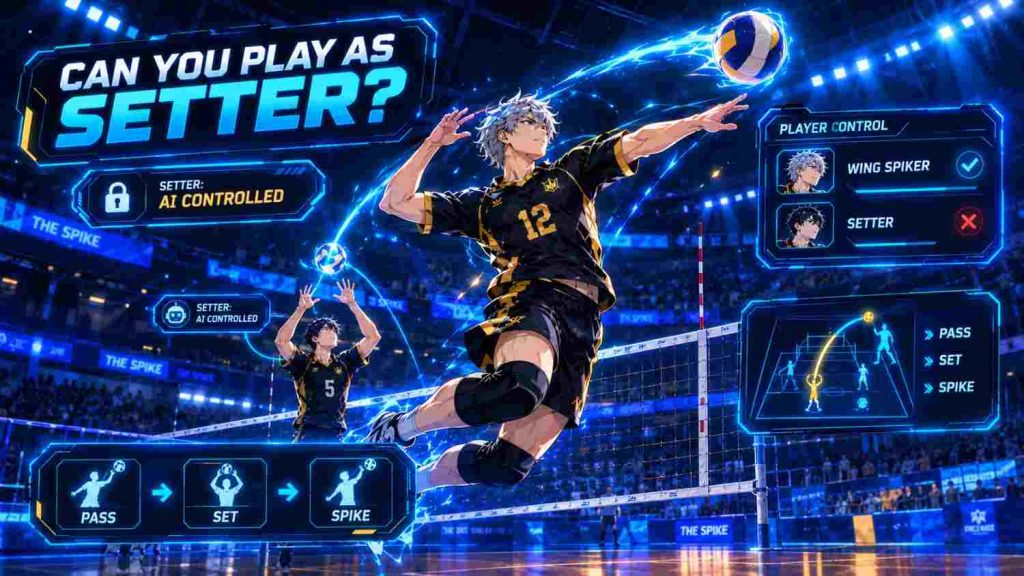 Can you play as setter in The Spike showing AI controlled setter and player controlled wing spiker.