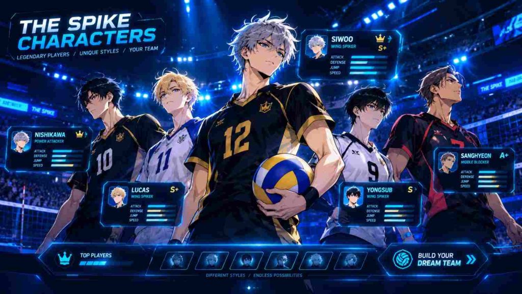 The Spike characters including Siwoo, Nishikawa, Lucas, Yongsub and Sanghyeon in a futuristic volleyball arena.