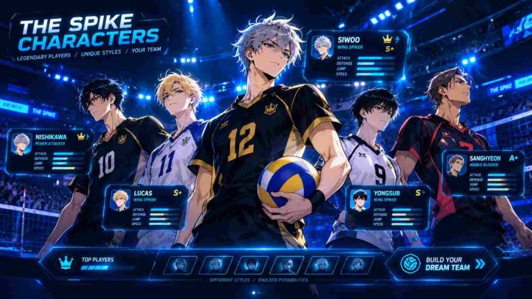 The Spike characters including Siwoo, Nishikawa, Lucas, Yongsub and Sanghyeon in a futuristic volleyball arena.