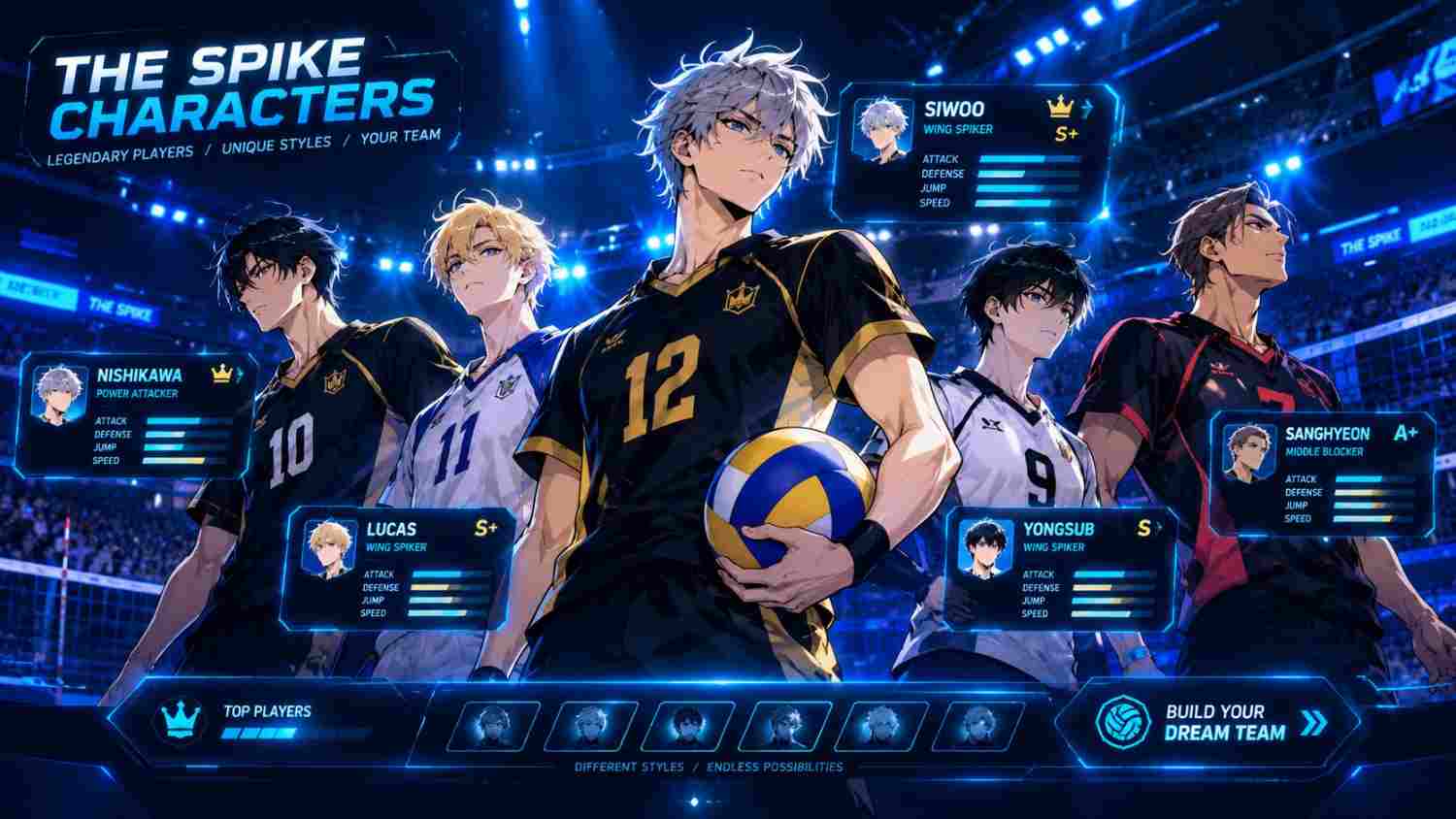 The Spike characters including Siwoo, Nishikawa, Lucas, Yongsub and Sanghyeon in a futuristic volleyball arena.