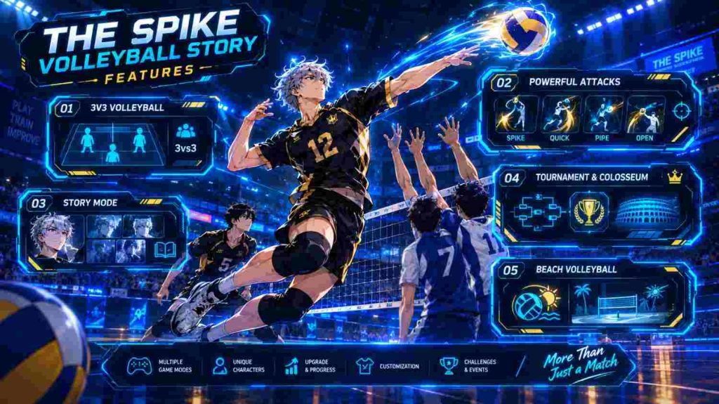 The Spike Volleyball Story features including 3v3 volleyball, powerful attacks, story mode, tournaments and beach volleyball.