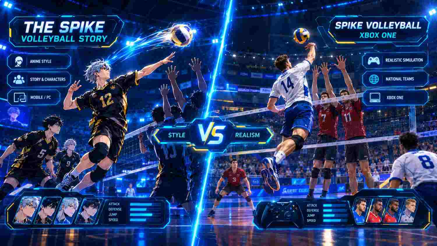 The Spike Volleyball Story vs Spike Volleyball Xbox One comparison showing anime gameplay and realistic volleyball simulation.